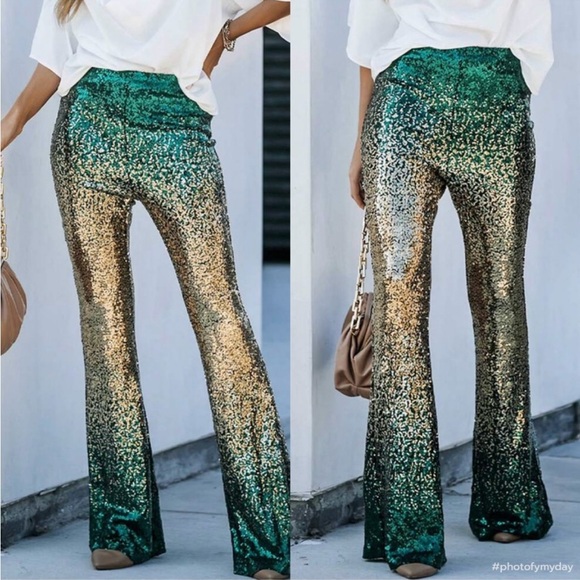 Luxe Glamour Sequin Mesh Wide Leg Palazzo Pants Holiday Evening Green Gold - Picture 1 of 13